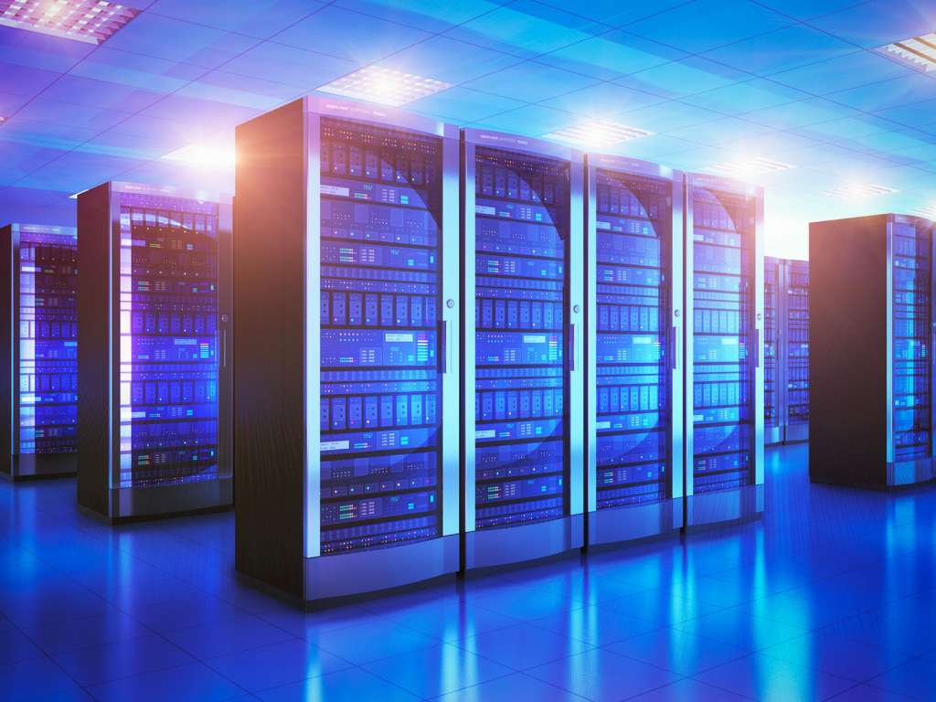 Modern web network and internet telecommunication technology, big data storage and cloud computing computer service business concept: 3D render illustration of the server room interior in datacenter in blue light